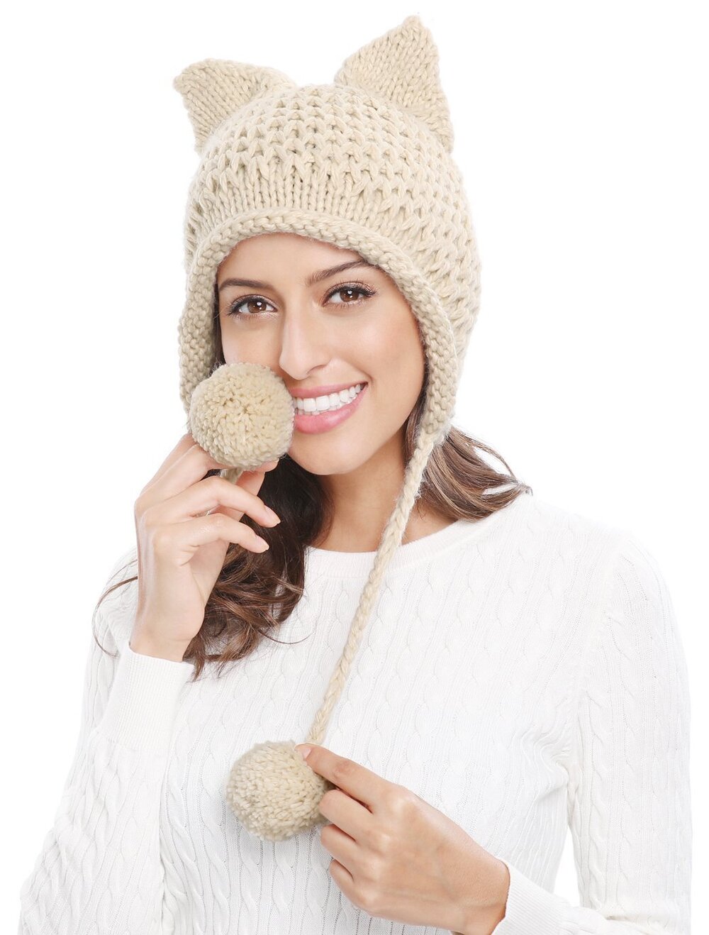 5883 Winter Cute Cat Ears Knit Hat Ear Flap Crochet Beanie Hat,Beige - Picture 3 of 6